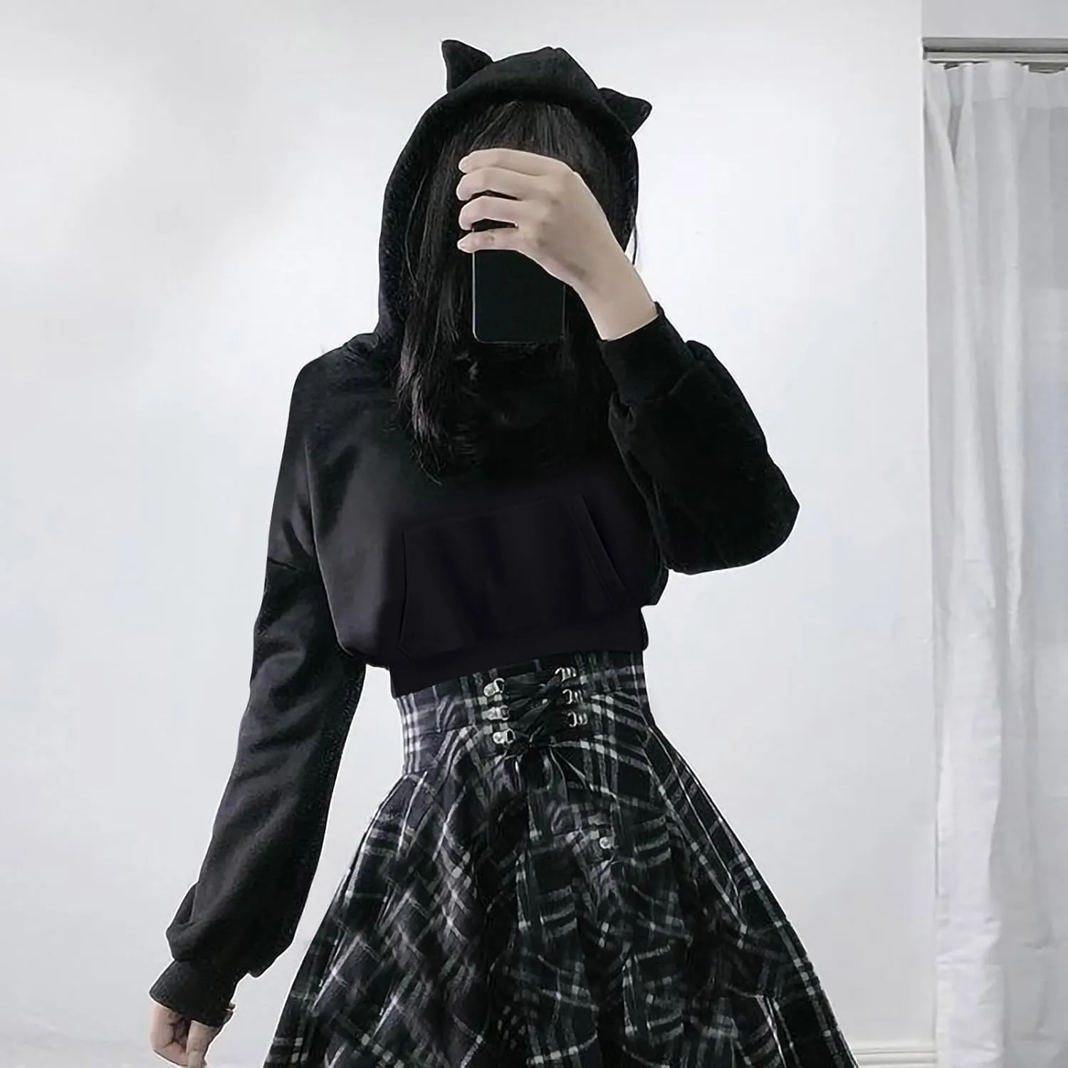 Women's Cute Ear Hoodies Sweatshirts Dark Gothic Clothes Sexy Bandage Crop Hooded Pullover Long Sleeve Hoodie Sweater