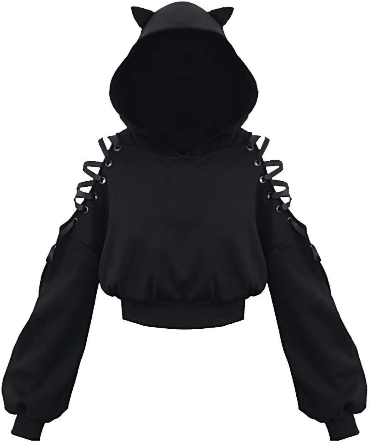 Women's Cute Ear Hoodies Sweatshirts Dark Gothic Clothes Sexy Bandage Crop Hooded Pullover Long Sleeve Hoodie Sweater
