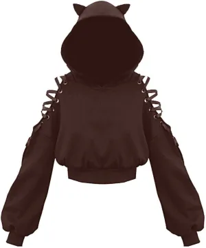 Women's Cute Ear Hoodies Sweatshirts Dark Gothic Clothes Sexy Bandage Crop Hooded Pullover Long Sleeve Hoodie Sweater