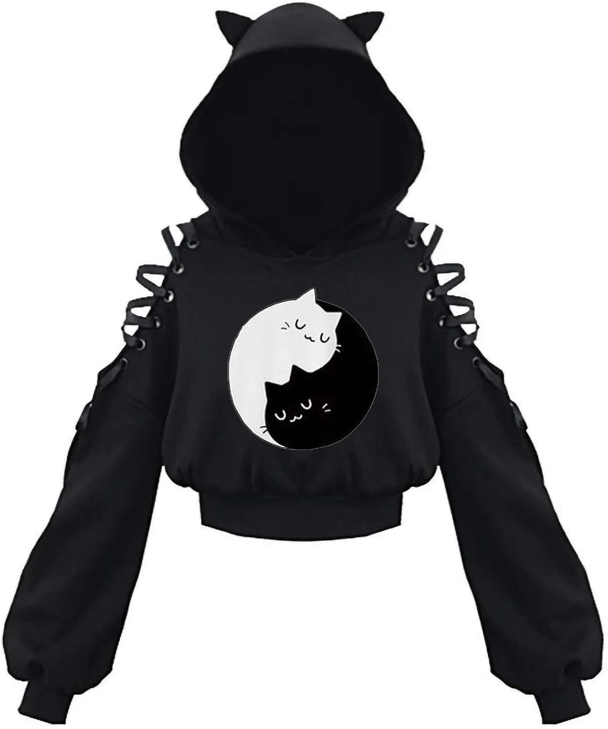 Women's Cute Ear Hoodies Sweatshirts Dark Gothic Clothes Sexy Bandage Crop Hooded Pullover Long Sleeve Hoodie Sweater