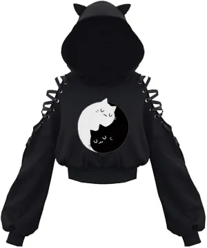 Women's Cute Ear Hoodies Sweatshirts Dark Gothic Clothes Sexy Bandage Crop Hooded Pullover Long Sleeve Hoodie Sweater