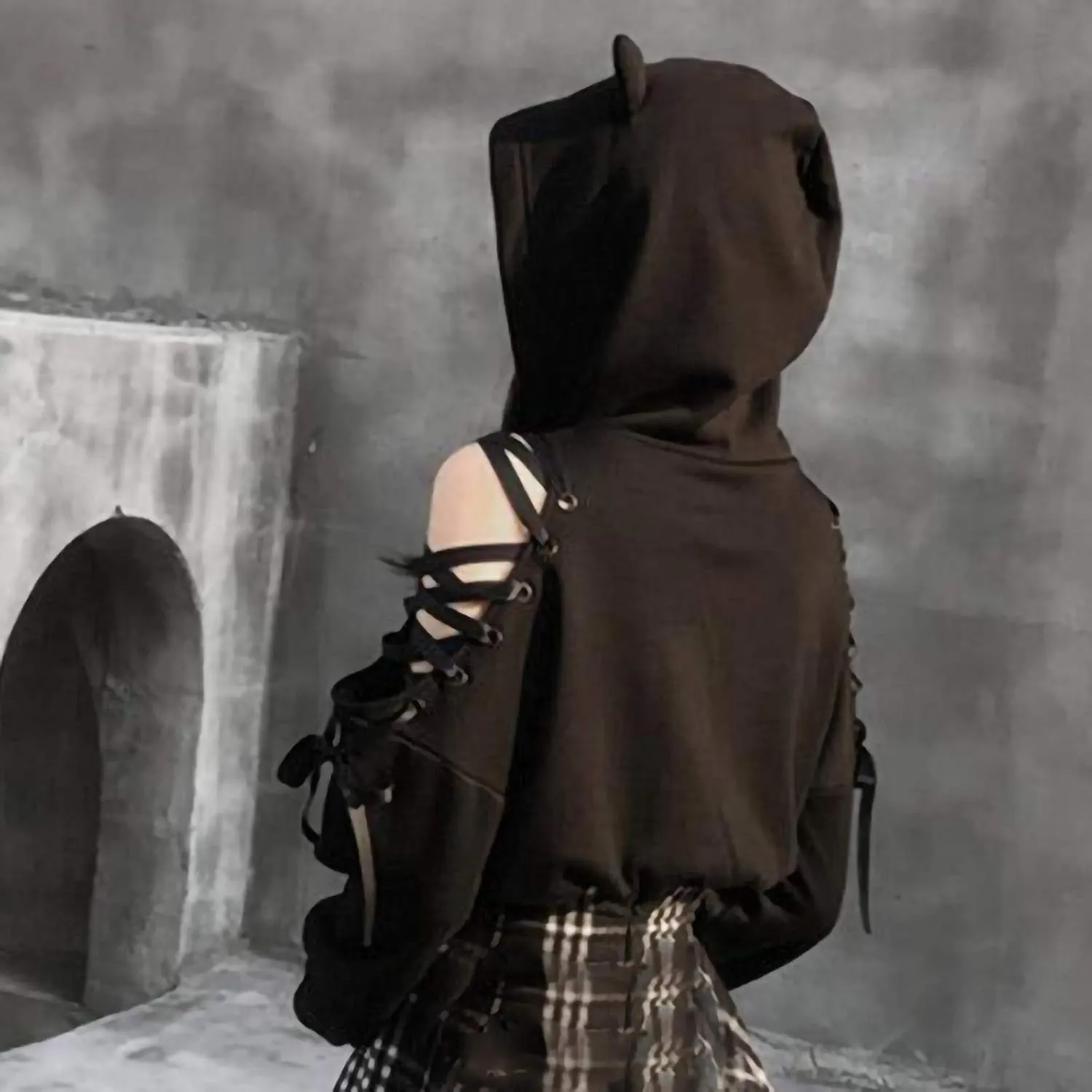 Women's Cute Ear Hoodies Sweatshirts Dark Gothic Clothes Sexy Bandage Crop Hooded Pullover Long Sleeve Hoodie Sweater
