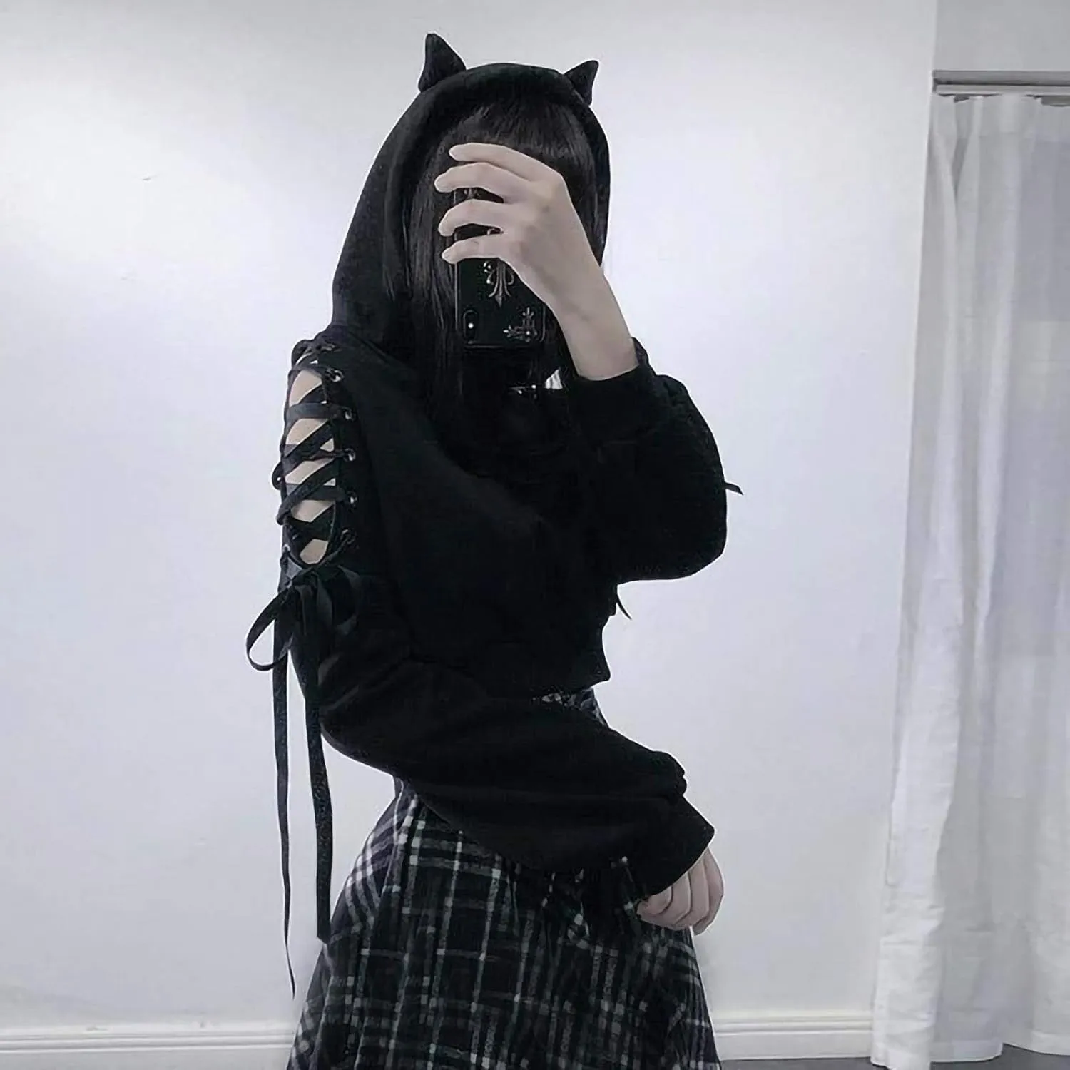 Women's Cute Ear Hoodies Sweatshirts Dark Gothic Clothes Sexy Bandage Crop Hooded Pullover Long Sleeve Hoodie Sweater