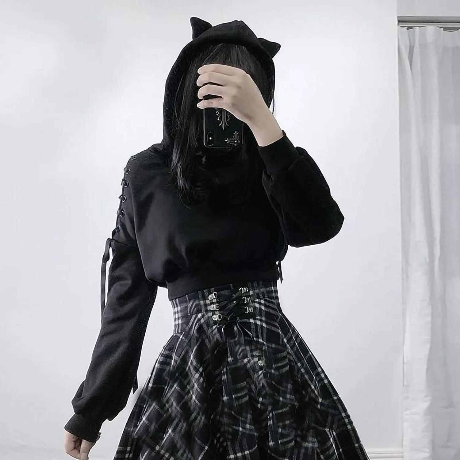 Women's Cute Ear Hoodies Sweatshirts Dark Gothic Clothes Sexy Bandage Crop Hooded Pullover Long Sleeve Hoodie Sweater