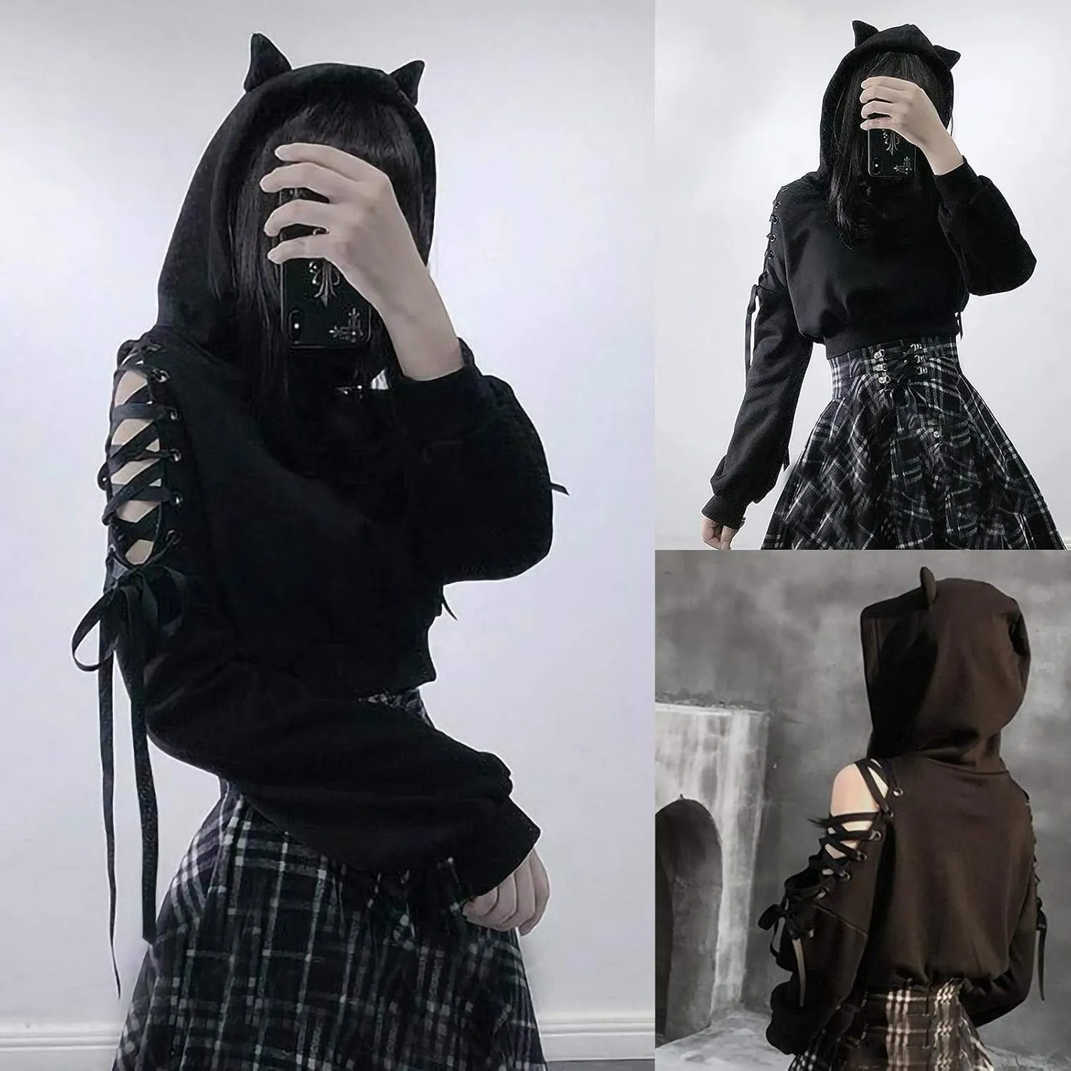 Women's Cute Ear Hoodies Sweatshirts Dark Gothic Clothes Sexy Bandage Crop Hooded Pullover Long Sleeve Hoodie Sweater