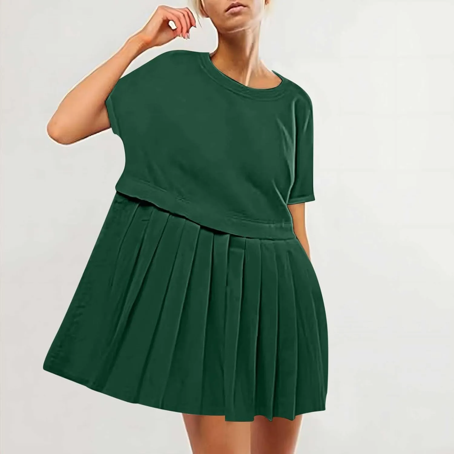 Womens Cute Splicing Sweatshirt Dress Summer Ruffle A Line Babydoll Dress Short Sleeve Athletic Tennis Mini Dresses