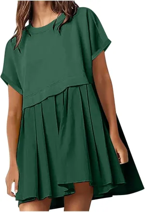 Womens Cute Splicing Sweatshirt Dress Summer Ruffle A Line Babydoll Dress Short Sleeve Athletic Tennis Mini Dresses