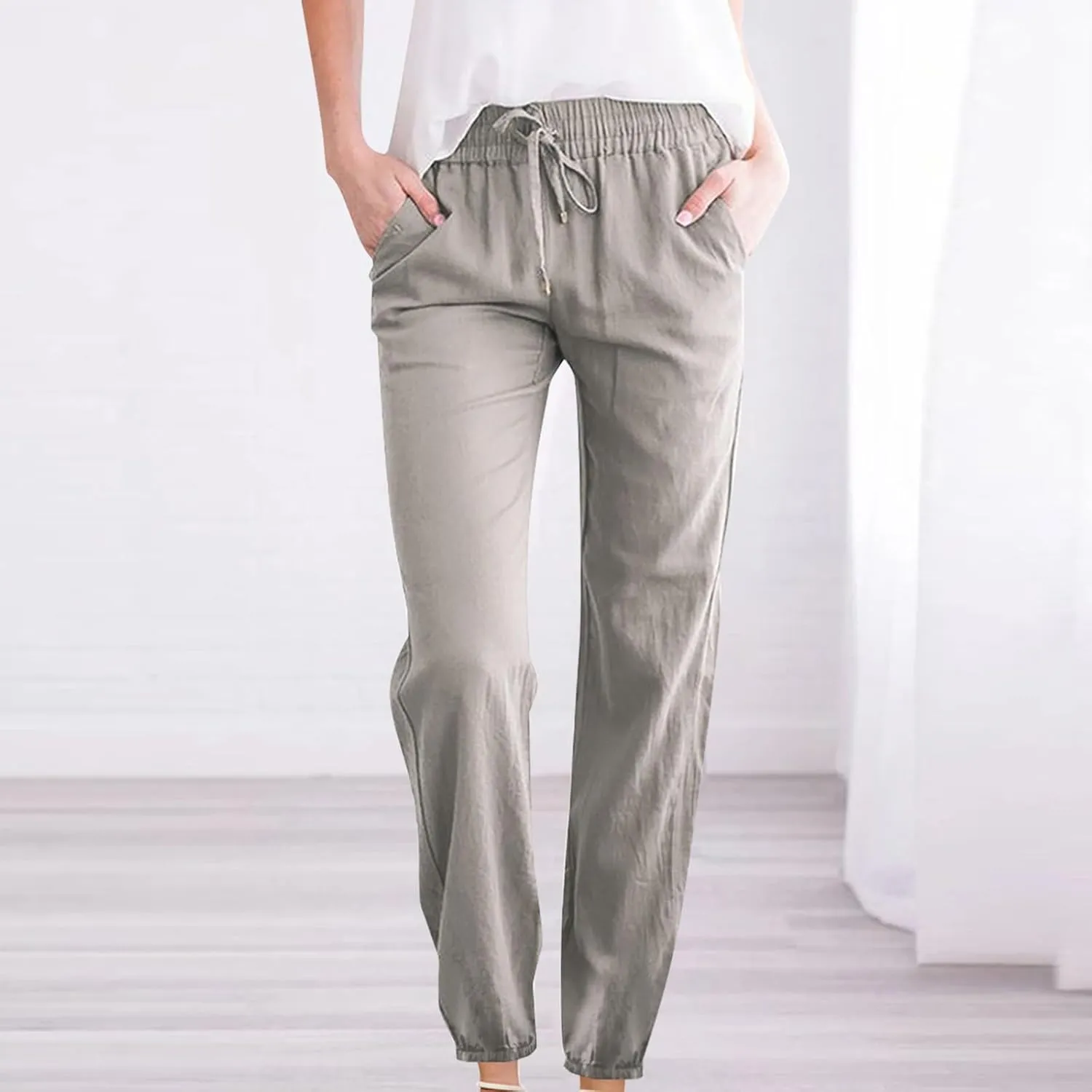 Womens Drawstring Cotton Linen Pants Solid Slim Fit Tapered Trousers Summer Beach Vacation Slacks 2025 Solid Outfits