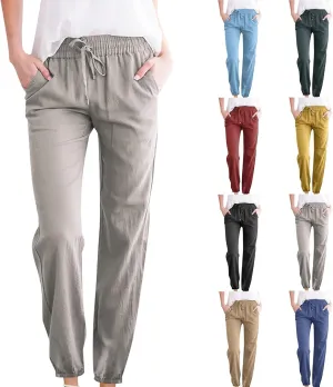 Womens Drawstring Cotton Linen Pants Solid Slim Fit Tapered Trousers Summer Beach Vacation Slacks 2025 Solid Outfits