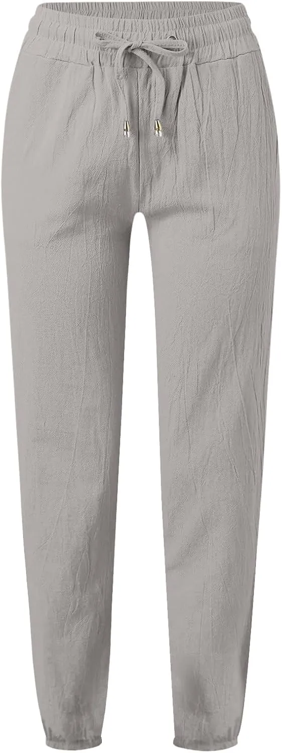 Womens Drawstring Cotton Linen Pants Solid Slim Fit Tapered Trousers Summer Beach Vacation Slacks 2025 Solid Outfits