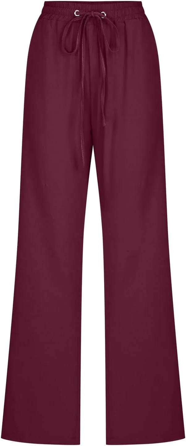 Womens Drawstring Cotton Linen Pants Solid Slim Fit Tapered Trousers Summer Beach Vacation Slacks 2025 Solid Outfits