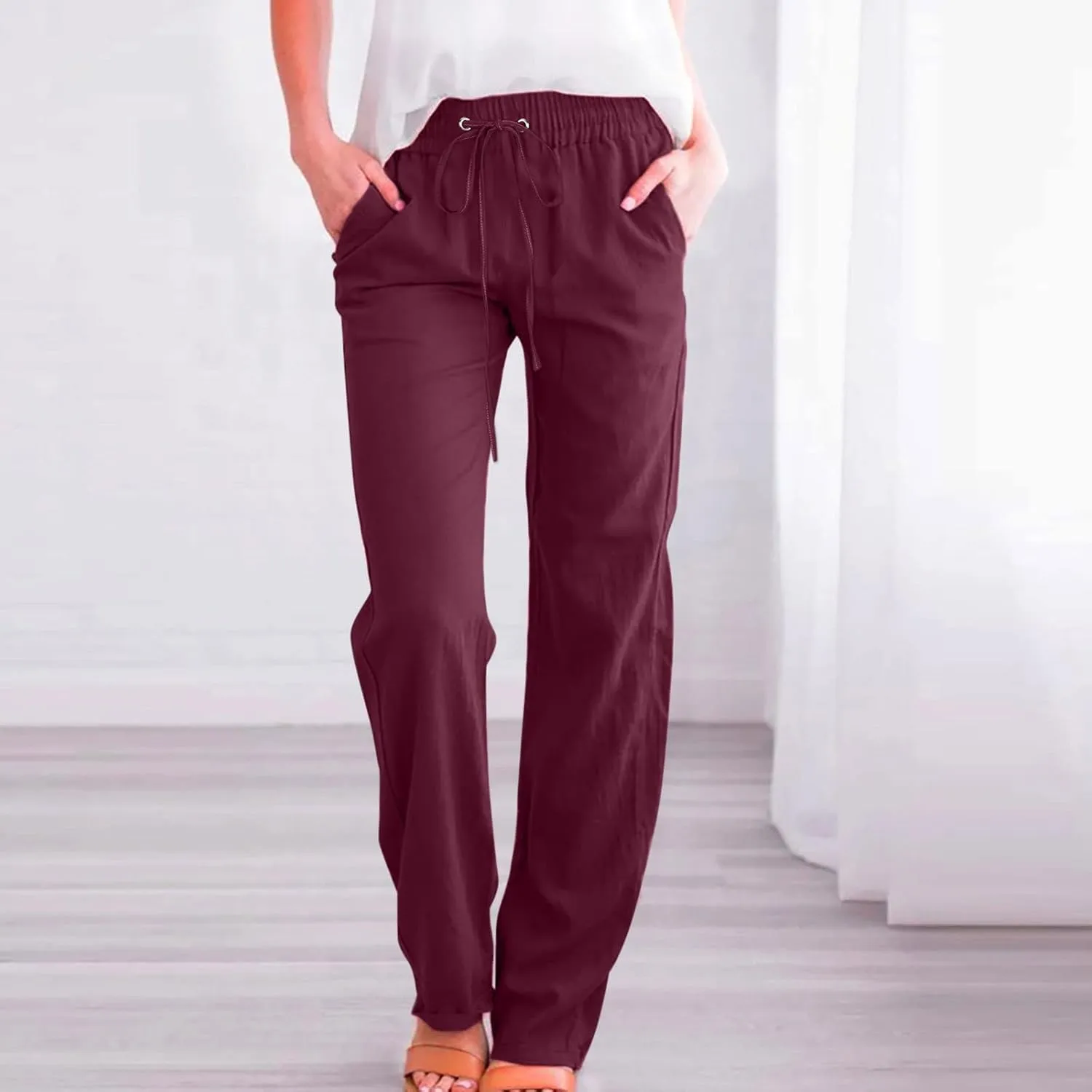 Womens Drawstring Cotton Linen Pants Solid Slim Fit Tapered Trousers Summer Beach Vacation Slacks 2025 Solid Outfits
