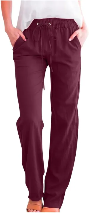 Womens Drawstring Cotton Linen Pants Solid Slim Fit Tapered Trousers Summer Beach Vacation Slacks 2025 Solid Outfits