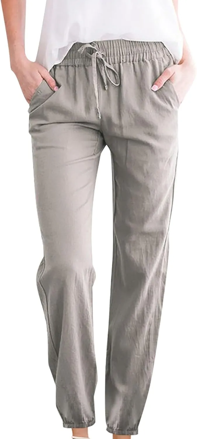 Womens Drawstring Cotton Linen Pants Solid Slim Fit Tapered Trousers Summer Beach Vacation Slacks 2025 Solid Outfits