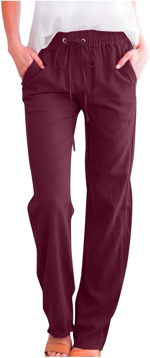 Womens Drawstring Cotton Linen Pants Solid Slim Fit Tapered Trousers Summer Beach Vacation Slacks 2025 Solid Outfits