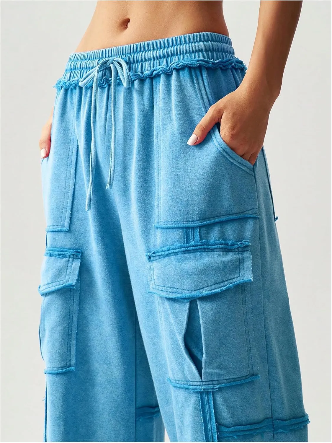 Women's Drawstring Waist Baggy Cargo Pants Y2k Wide Leg Trousers with Pocket