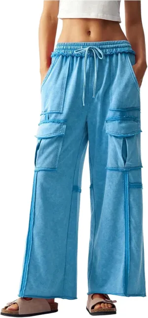 Women's Drawstring Waist Baggy Cargo Pants Y2k Wide Leg Trousers with Pocket