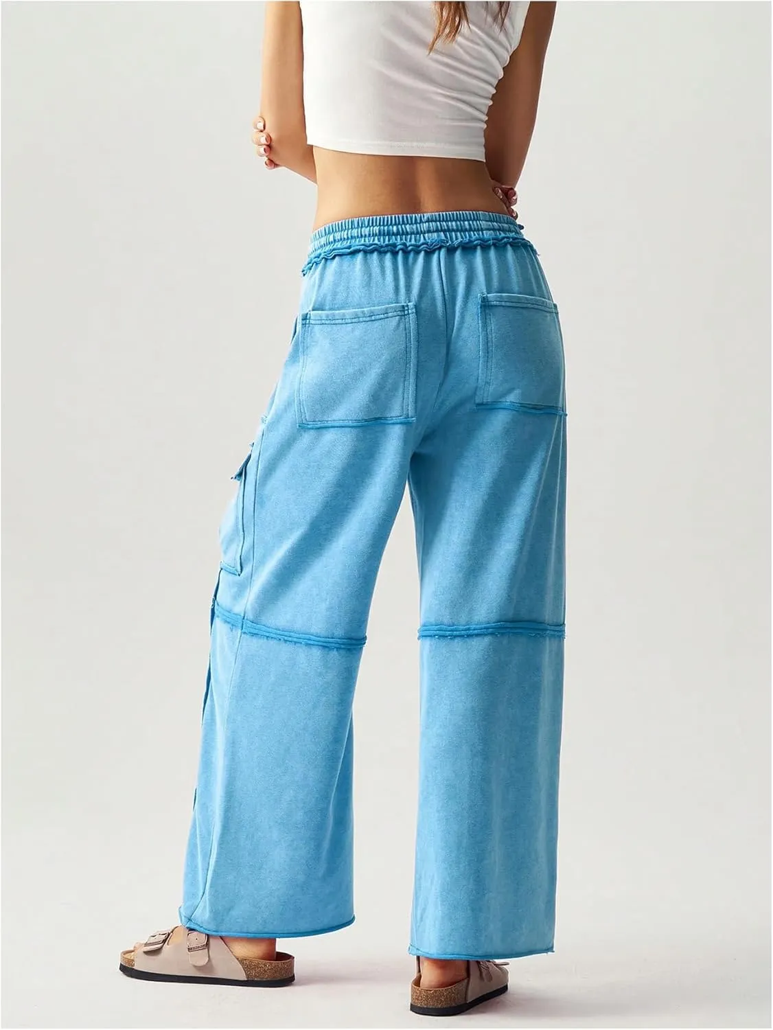Women's Drawstring Waist Baggy Cargo Pants Y2k Wide Leg Trousers with Pocket