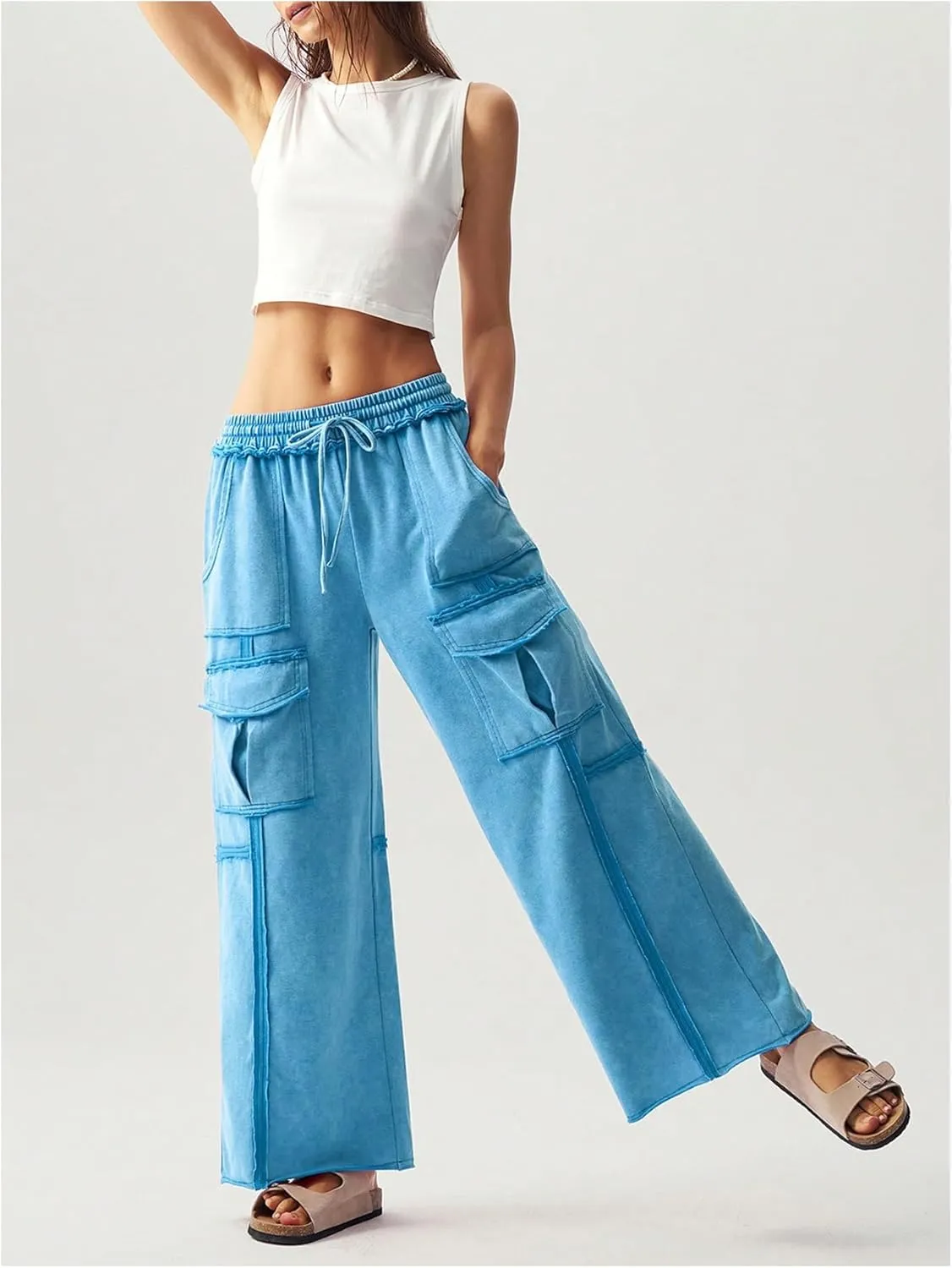 Women's Drawstring Waist Baggy Cargo Pants Y2k Wide Leg Trousers with Pocket