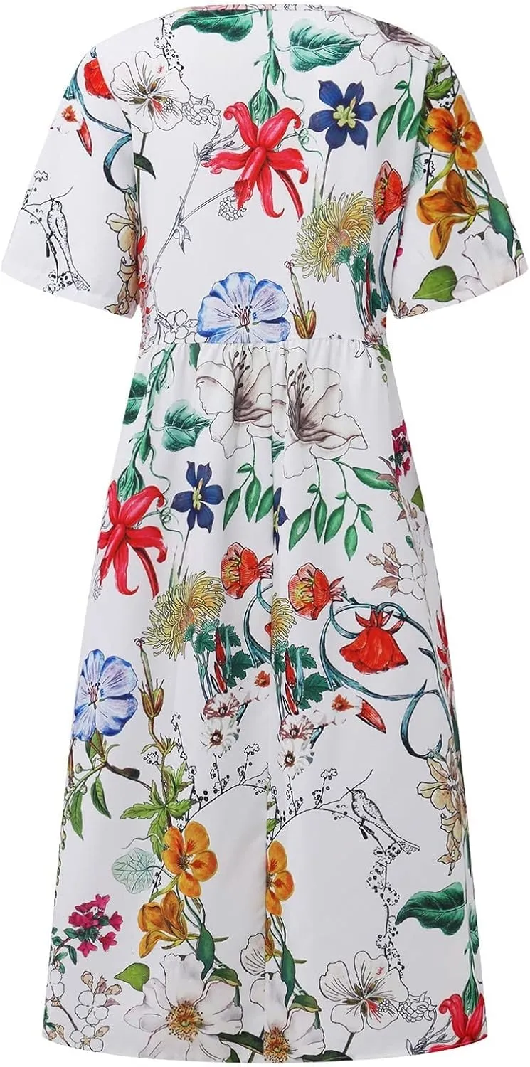 Women's Dress Summer Round Neck Short Sleeve 2024 Loose Casual Swing Dresses with Pockets, S-3XL