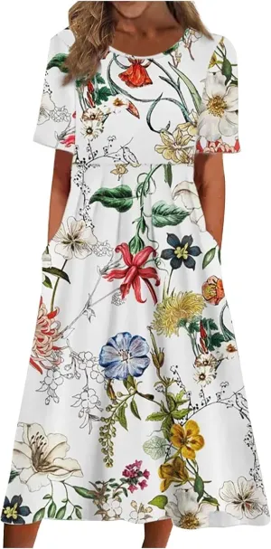 Women's Dress Summer Round Neck Short Sleeve 2024 Loose Casual Swing Dresses with Pockets, S-3XL
