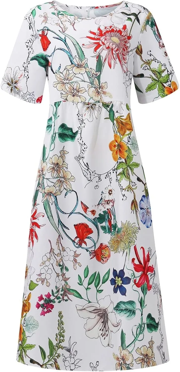 Women's Dress Summer Round Neck Short Sleeve 2024 Loose Casual Swing Dresses with Pockets, S-3XL