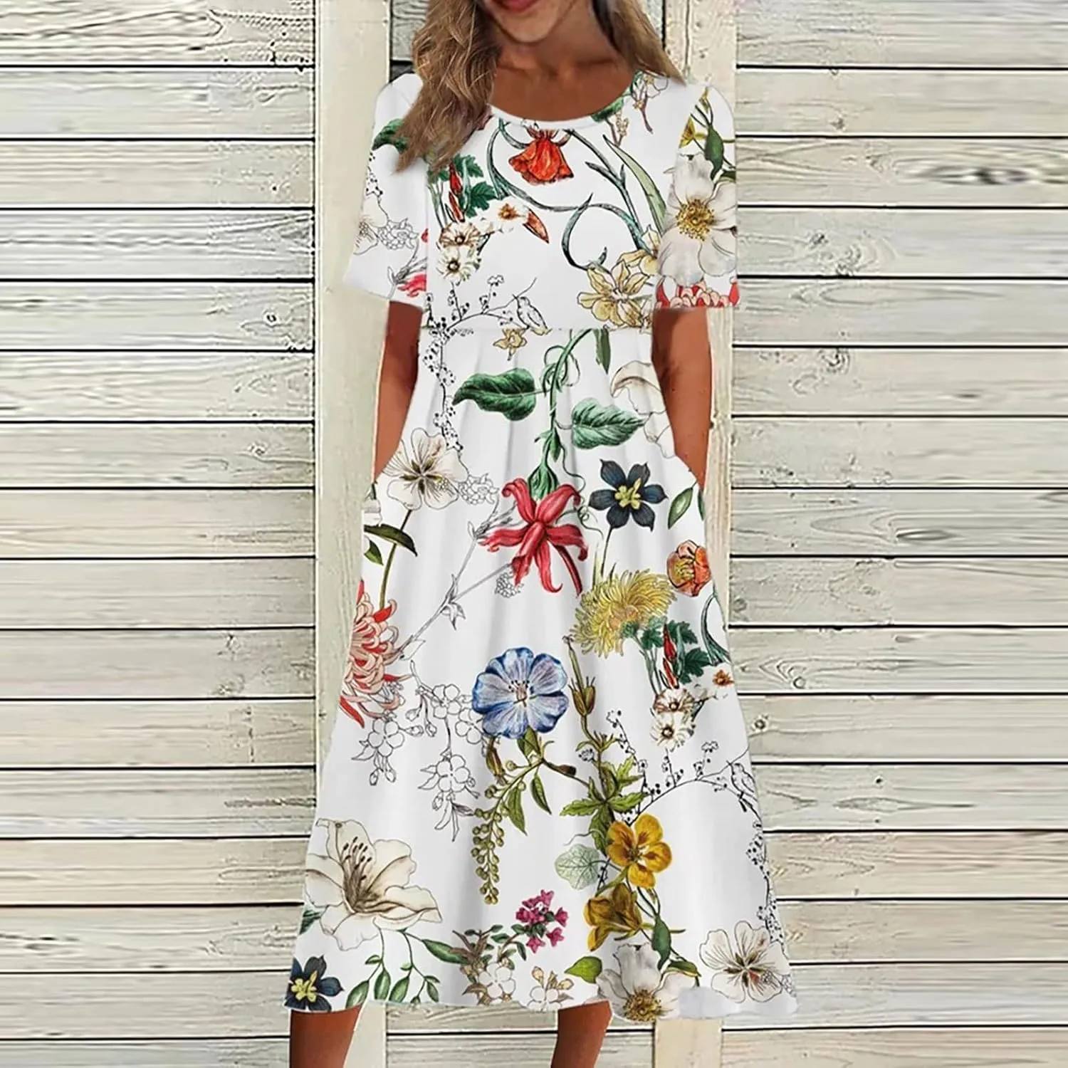 Women's Dress Summer Round Neck Short Sleeve 2024 Loose Casual Swing Dresses with Pockets, S-3XL
