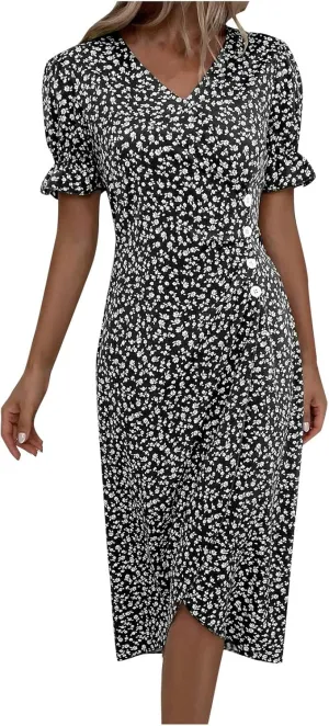 Women's Dress V Neck Boho Summer Casual Dresses Floral Short Sleeve Wrap Irregular Hem Dress 2024, S-3XL