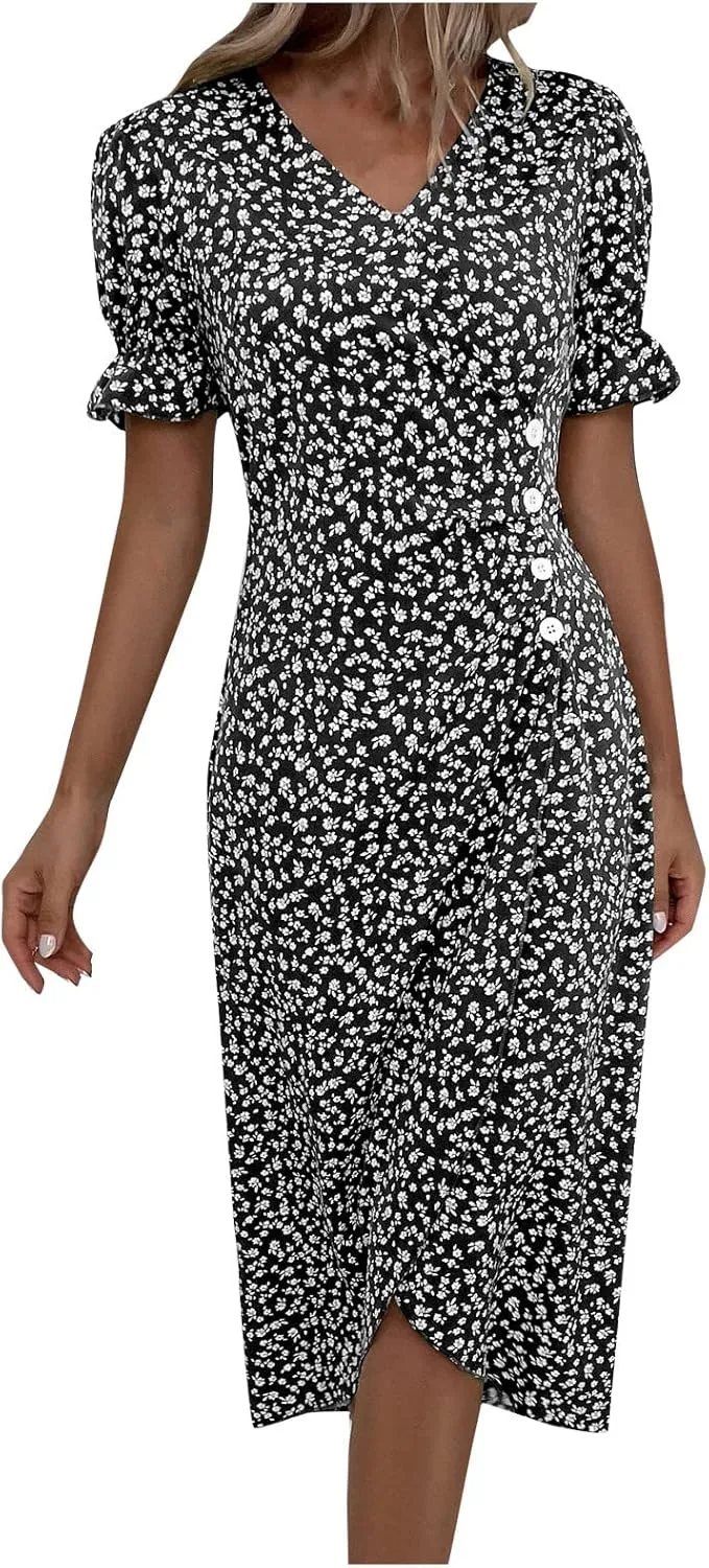 Women's Dress V Neck Boho Summer Casual Dresses Floral Short Sleeve Wrap Irregular Hem Dress 2024, S-3XL