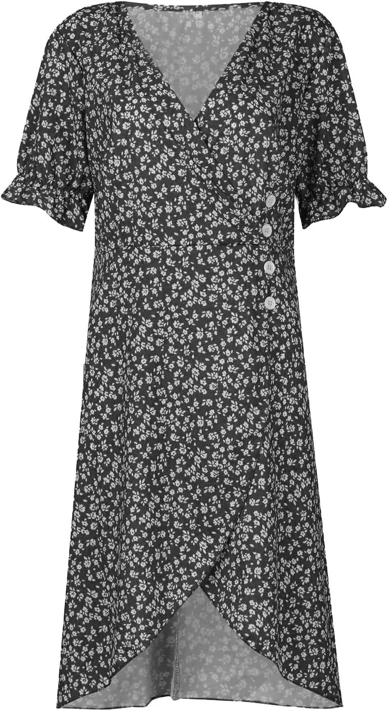 Women's Dress V Neck Boho Summer Casual Dresses Floral Short Sleeve Wrap Irregular Hem Dress 2024, S-3XL