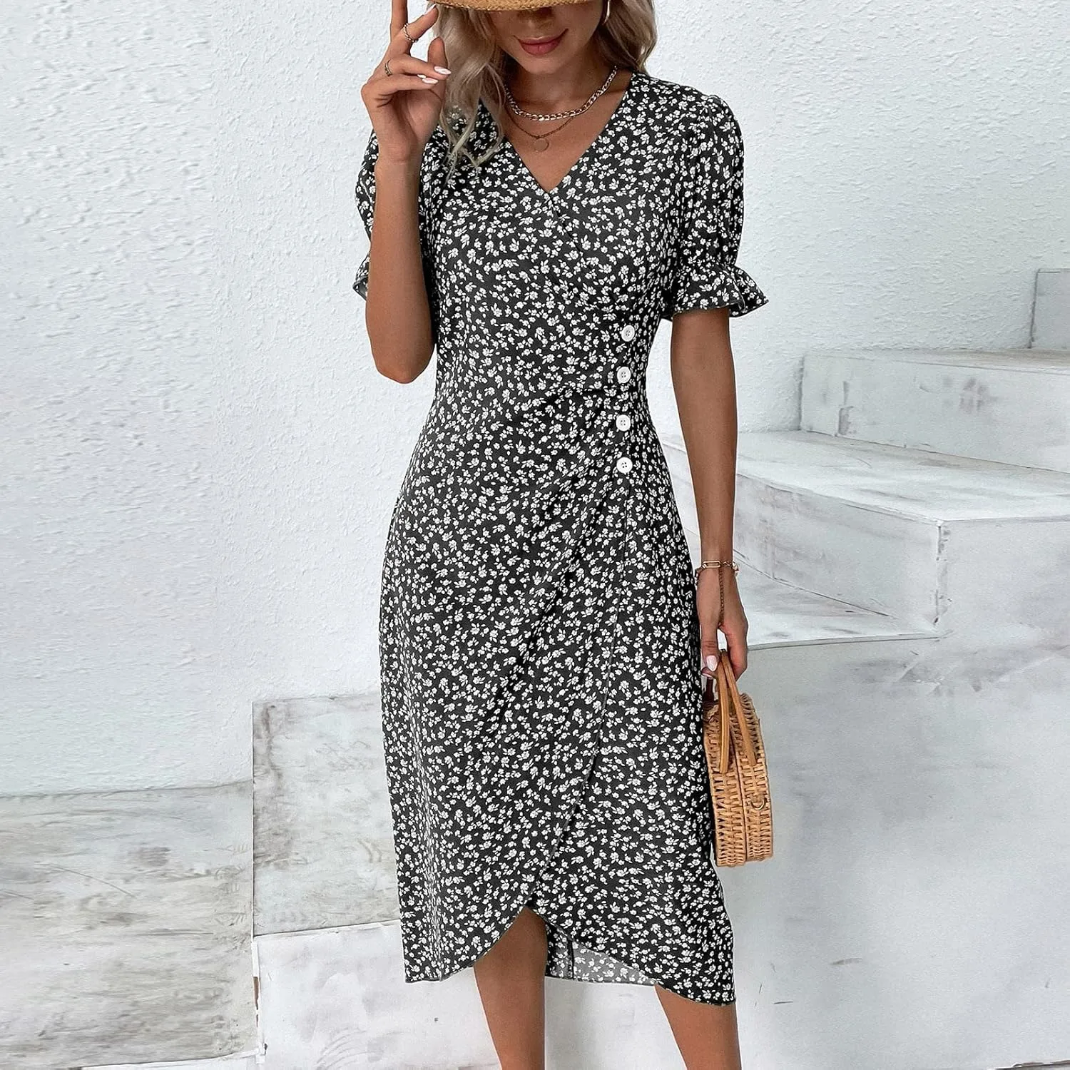 Women's Dress V Neck Boho Summer Casual Dresses Floral Short Sleeve Wrap Irregular Hem Dress 2024, S-3XL