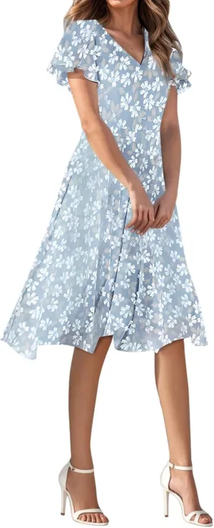Womens Dresses for Wedding GuestSpring Long,Chiffon Midi Dress Below The Knee Length Ruffle Hem Dressess