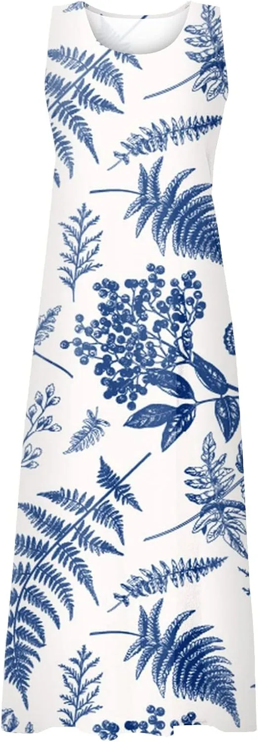 Womens Dresses Simple Casual Solid Color Sleeveless Dresses Cozy Cotton Dresses Summer Gradient Printed Long Dresses