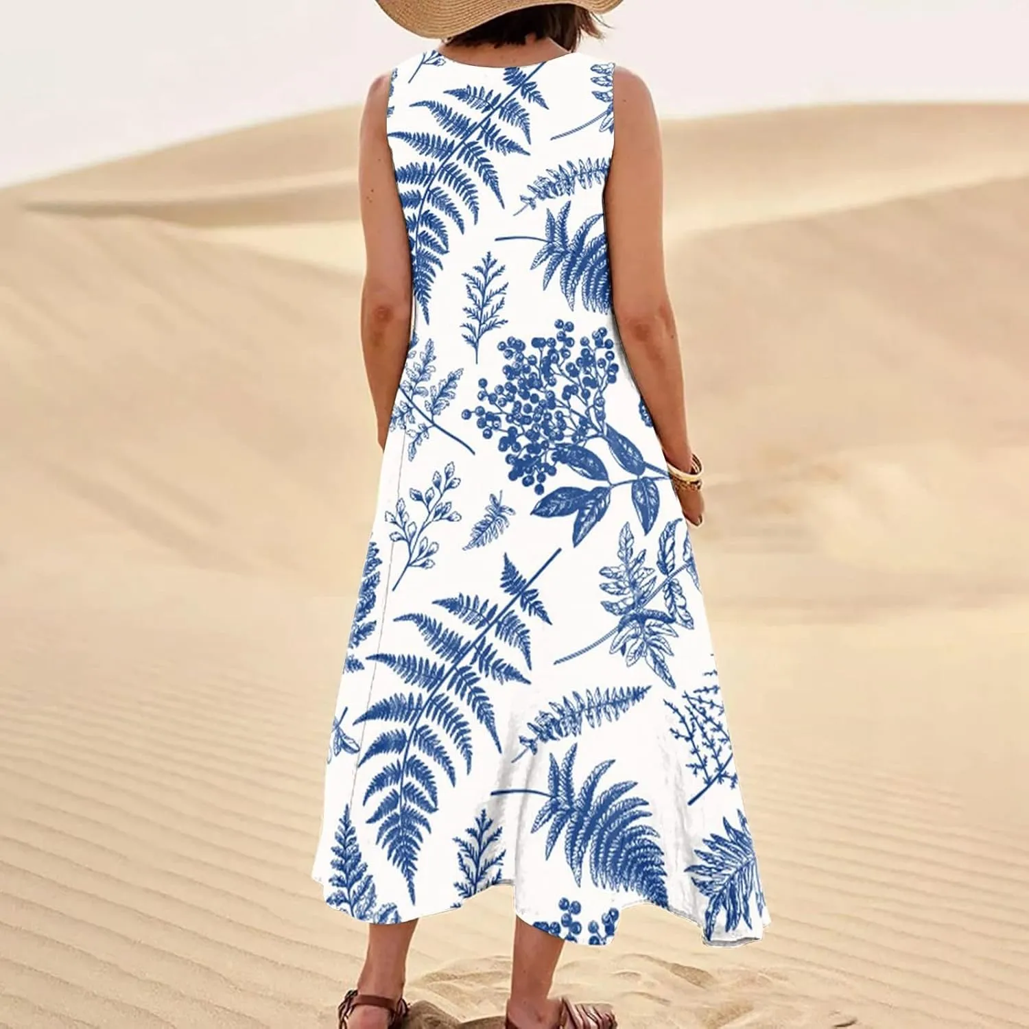 Womens Dresses Simple Casual Solid Color Sleeveless Dresses Cozy Cotton Dresses Summer Gradient Printed Long Dresses