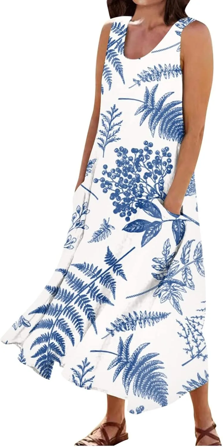 Womens Dresses Simple Casual Solid Color Sleeveless Dresses Cozy Cotton Dresses Summer Gradient Printed Long Dresses