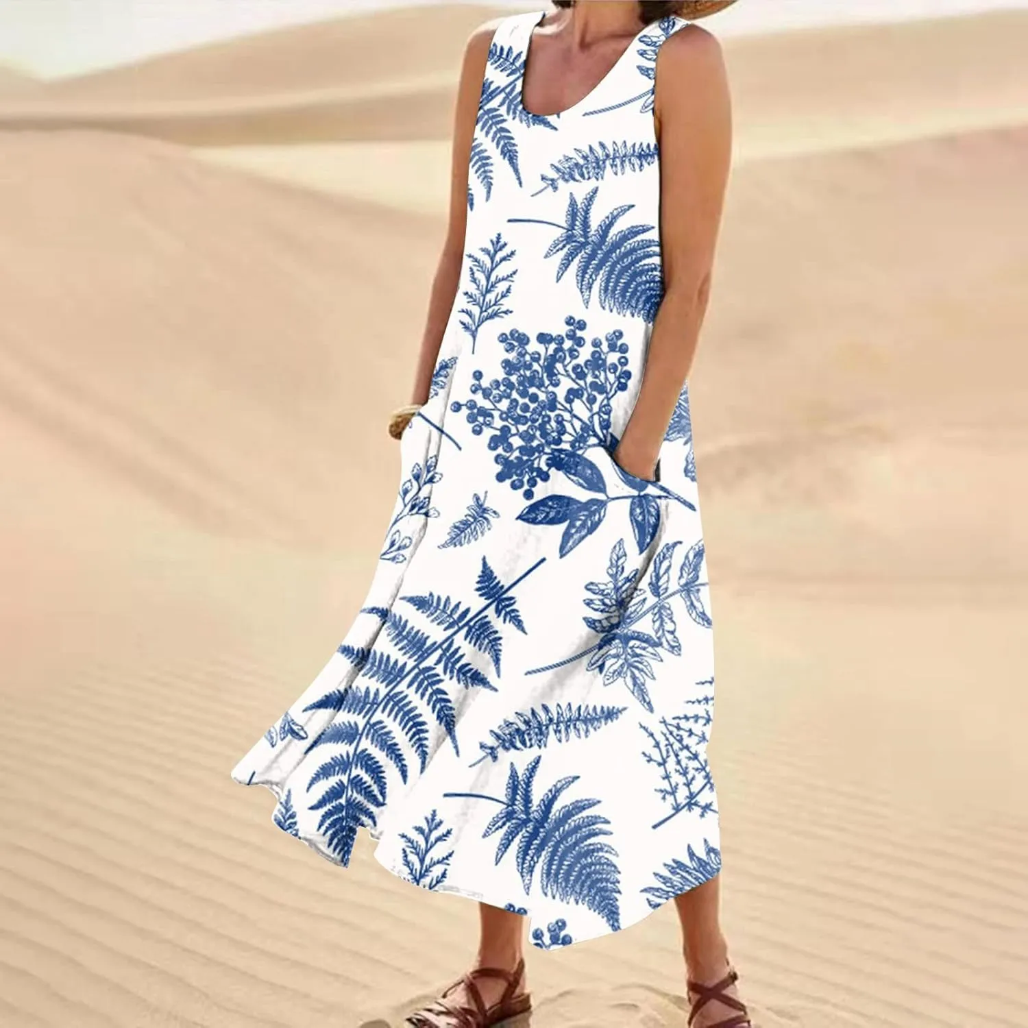 Womens Dresses Simple Casual Solid Color Sleeveless Dresses Cozy Cotton Dresses Summer Gradient Printed Long Dresses