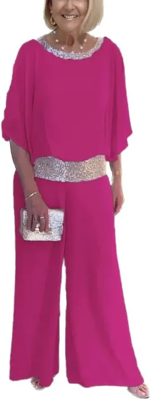 Womens Elegant Mother Dressy Pant Suit Formal Sequin Chiffon Pantsuits Wedding Guest 2 Piece Outfit