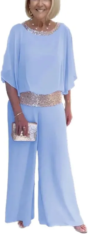 Womens Elegant Mother Dressy Pant Suit Formal Sequin Chiffon Pantsuits Wedding Guest 2 Piece Outfit