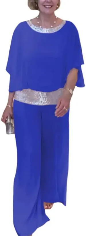 Womens Elegant Mother Dressy Pant Suit Formal Sequin Chiffon Pantsuits Wedding Guest 2 Piece Outfit
