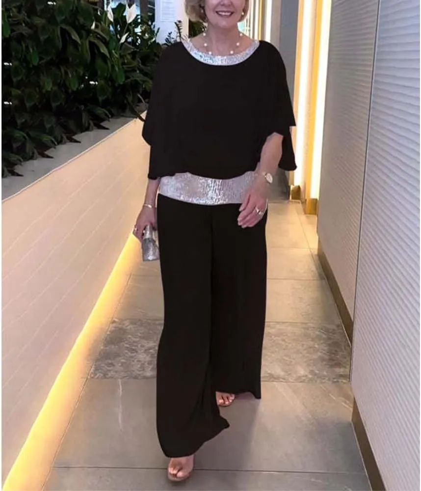 Womens Elegant Mother Dressy Pant Suit Formal Sequin Chiffon Pantsuits Wedding Guest 2 Piece Outfit