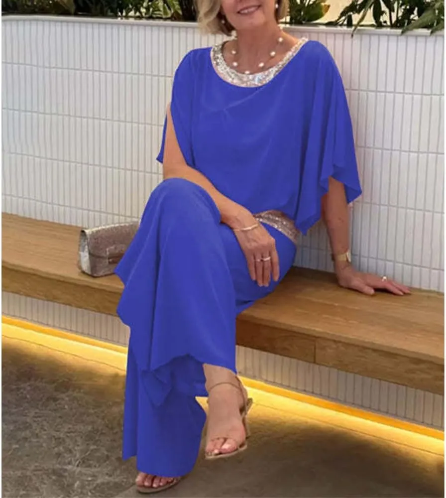 Womens Elegant Mother Dressy Pant Suit Formal Sequin Chiffon Pantsuits Wedding Guest 2 Piece Outfit