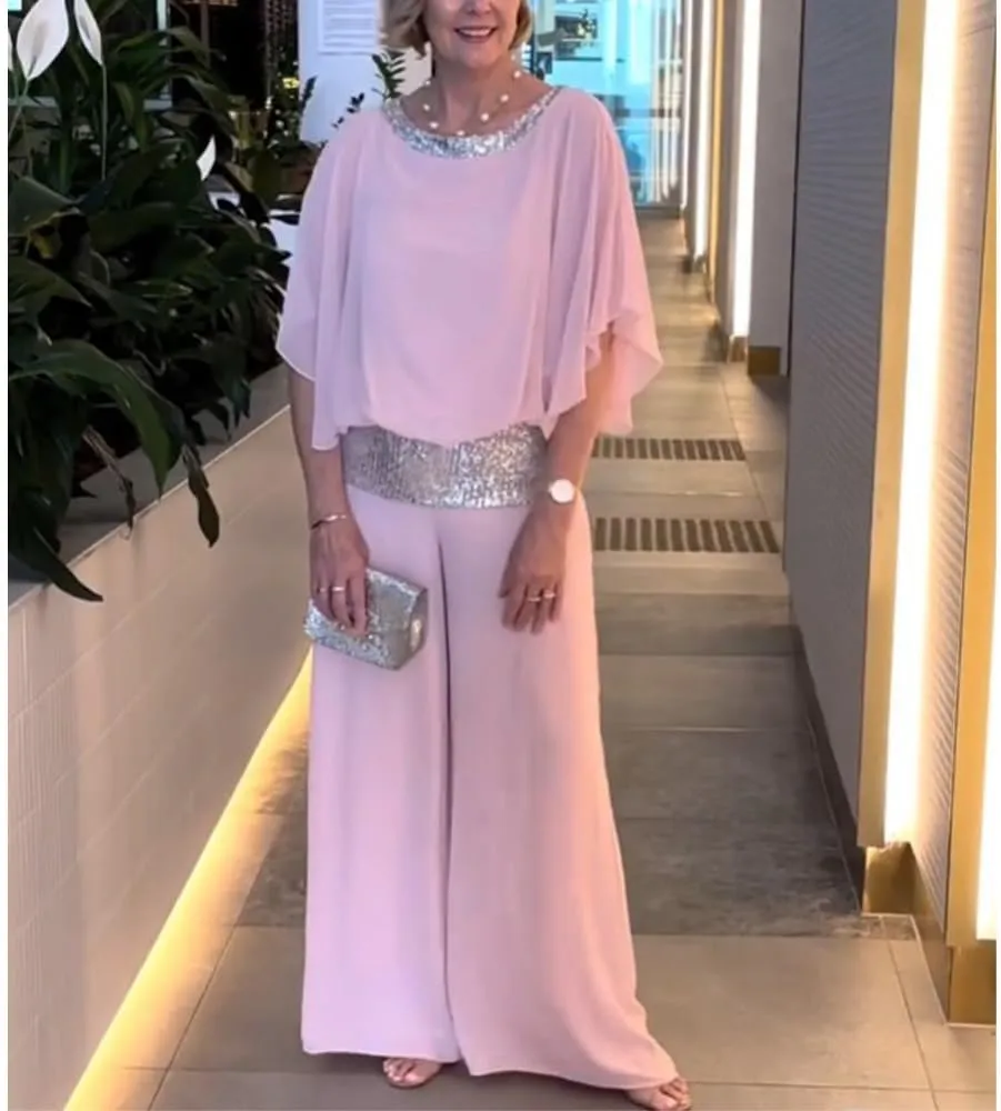 Womens Elegant Mother Dressy Pant Suit Formal Sequin Chiffon Pantsuits Wedding Guest 2 Piece Outfit