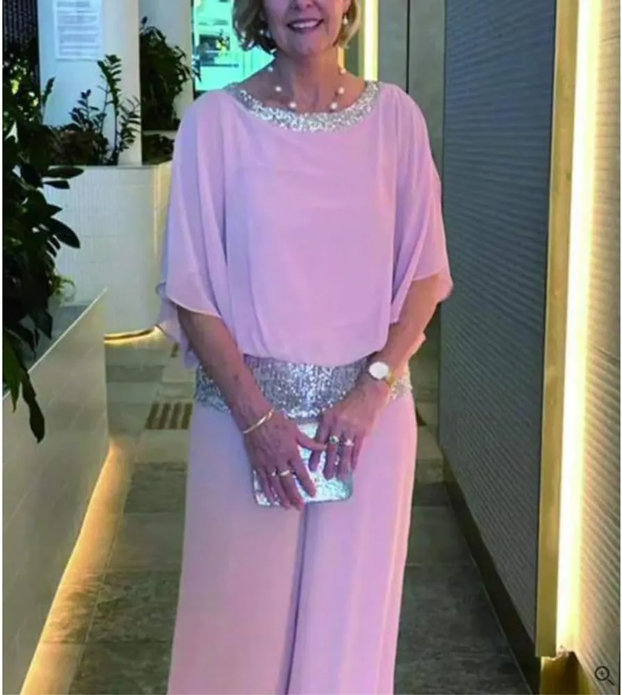 Womens Elegant Mother Dressy Pant Suit Formal Sequin Chiffon Pantsuits Wedding Guest 2 Piece Outfit