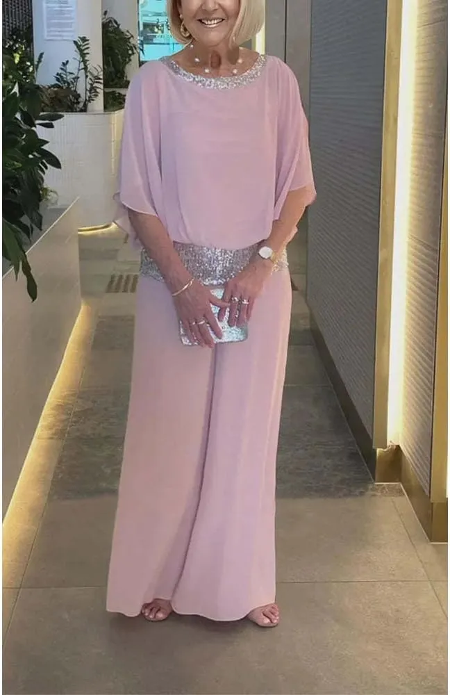Womens Elegant Mother Dressy Pant Suit Formal Sequin Chiffon Pantsuits Wedding Guest 2 Piece Outfit