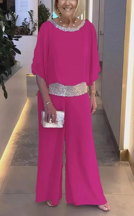 Womens Elegant Mother Dressy Pant Suit Formal Sequin Chiffon Pantsuits Wedding Guest 2 Piece Outfit