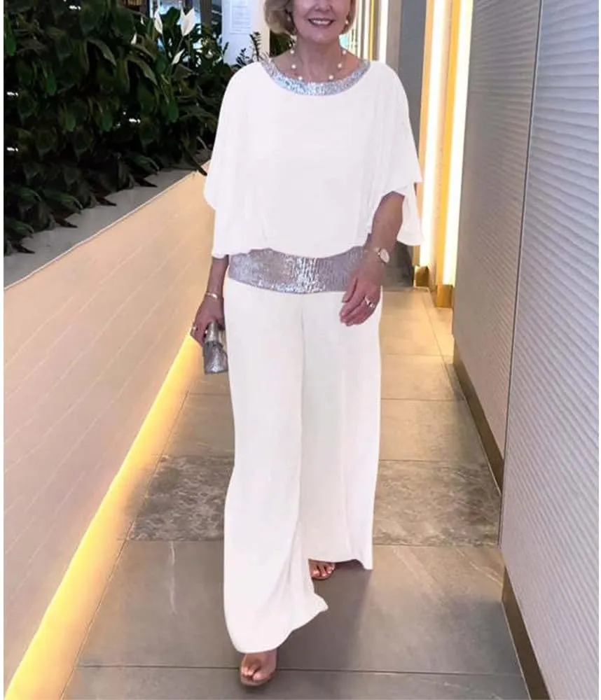 Womens Elegant Mother Dressy Pant Suit Formal Sequin Chiffon Pantsuits Wedding Guest 2 Piece Outfit