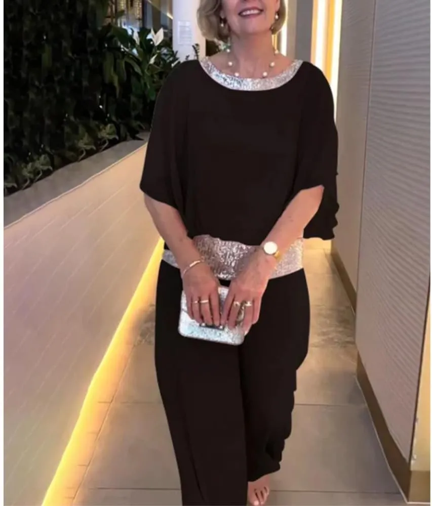 Womens Elegant Mother Dressy Pant Suit Formal Sequin Chiffon Pantsuits Wedding Guest 2 Piece Outfit