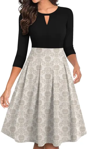 Women's Fall Trendy 3/4 Flared Sleeve V-Neck Elegant Floral A Line Party Dresses