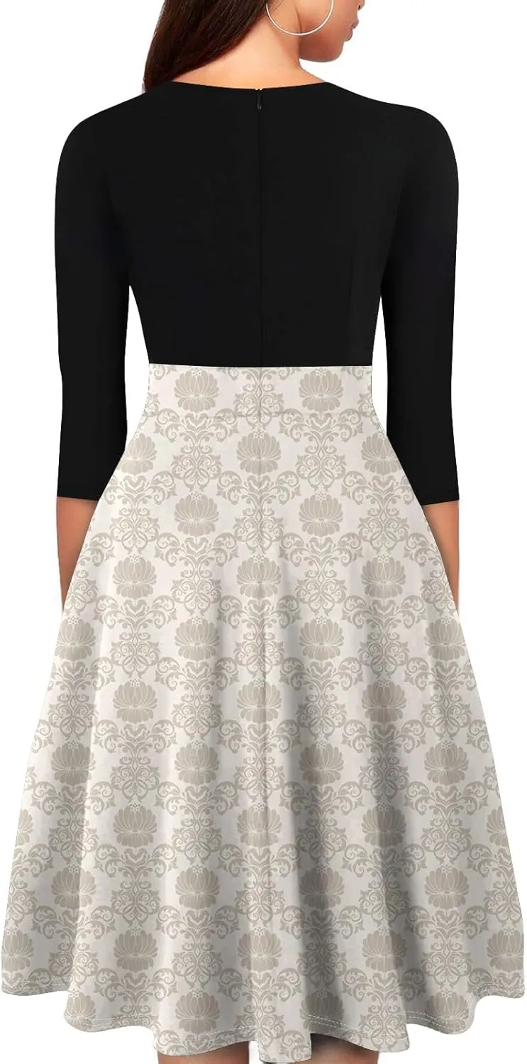Women's Fall Trendy 3/4 Flared Sleeve V-Neck Elegant Floral A Line Party Dresses