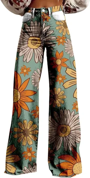 Womens Fashion Trousers Wide Leg High Waist Button Down Loose Cute Printed Long Trousers Going Out Party Stretch Pants
